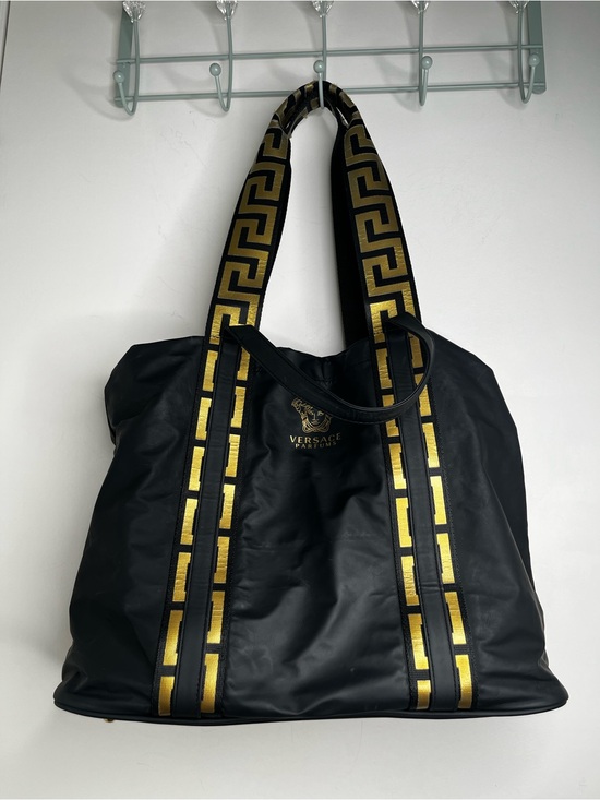 Versace Handbags - Versace Parfums Black Shoulder Bag Gold Medusa Logo Meandros Pattern Tote Bags